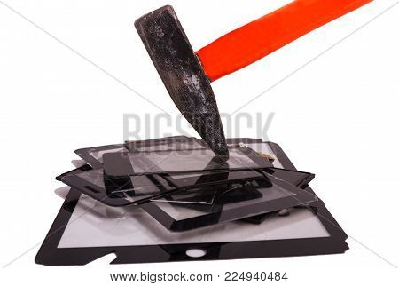 Hammer roken touch screen pile lying around a different size on a white background. On the glasses are cracked from the impact. Display and loops. High-tech product