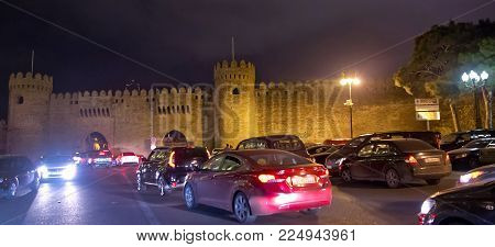 Tower of the ancient Baku city . Icheri Sheher in Baku. Azerbaijan . Gosha gala.
