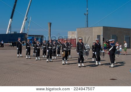Korsor Denmark - August 22. 2015: Danish Navy Orchestra Playing At Open House In Korsoer Naval Base