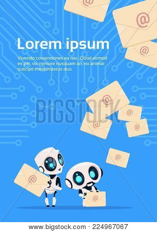 Two Modern Robots Chatter Bots With Email Letters Chatbots Over Circuit Background With Copy Space Flat Vector Illustration