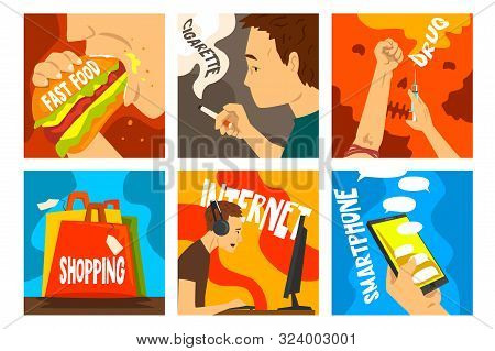 Bad Habits And Addictions Of Modern Society Set, Cigarette, Drug, Alcohol, Fast Food, Gadgets, Shopp