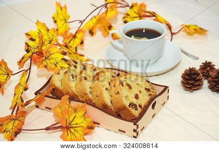 Autumn Flatlet For Instagram. Cup Of Black Tea With Lemon, Homemade Pie, Warm Red Plaid With A Check