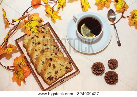 Autumn Flatlet For Instagram. Cup Of Black Tea With Lemon, Homemade Pie, Warm Red Plaid With A Check