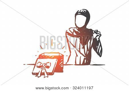 Muslim Woman Happy With Gift Box Concept Sketch. Arab Girl Receiving Surprise Present Clapping Hands