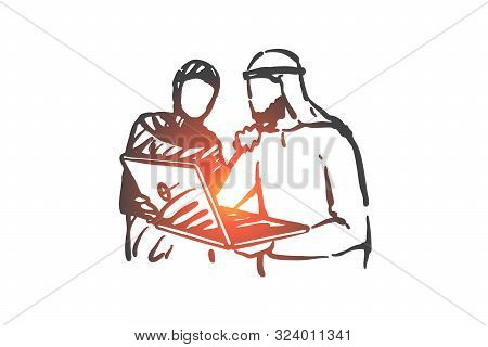 Business Meeting, Teamwork And Cooperation Concept Sketch. Muslim Business Partners Watching Present