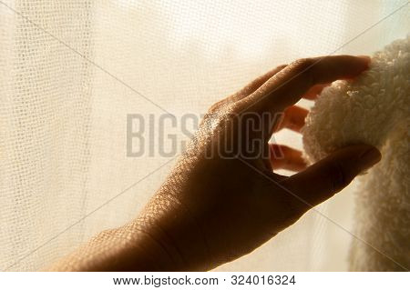 Adult Woman Hand Touching Arm Of White Puffy Fur Doll With Morning Soft Light Netting Curtain From W