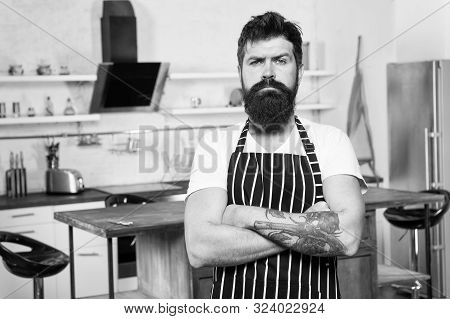 Food Preparation. Male With Beard Cooking. Culinary Business. Tasty Cuisine. Serious And Confident C