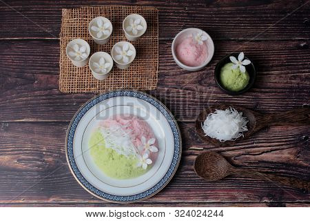 Thai Popular Dessert ,steamed Rice Flour With Toddy Palm,call Kanom Kee Noo Luk Tal In Thai.