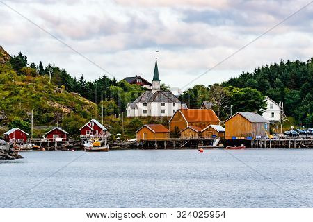Lofoten, Norway-august 25, 2019:moskenes Fishing Village In Lofoten Islands And Moskenes Church Nort