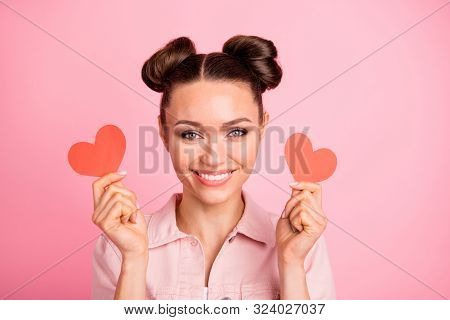 Portrait Of Charming Lady Holding Papercard Heart Looking Smiling Wearing Jacket Isolated Over Pink 