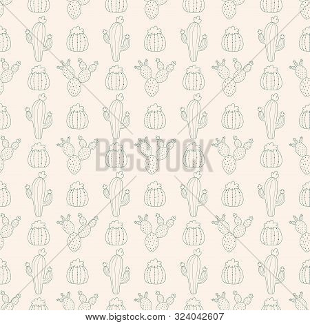 Pink Seamless Pattern With Blooming Cacti.
Outline Cacti On Pink Background.
