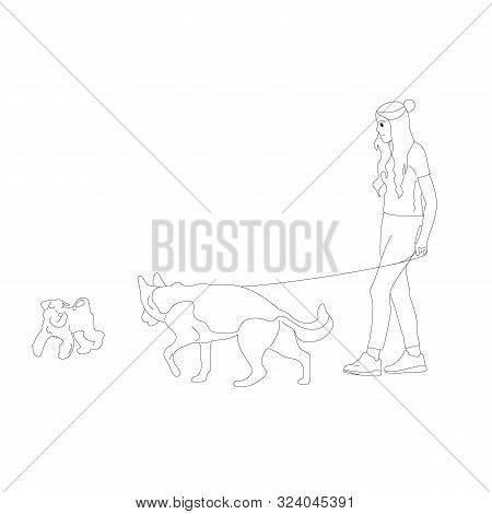 Young Girl Is Walking With A German Shepherd, Dog On A Leash. Isolated On White Background. Flat Sty