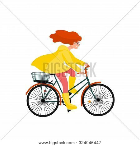 Beautiful Girl In Yellow Raincoat Rides Bicycle, Bike Travel Clip Art. Stock Vector