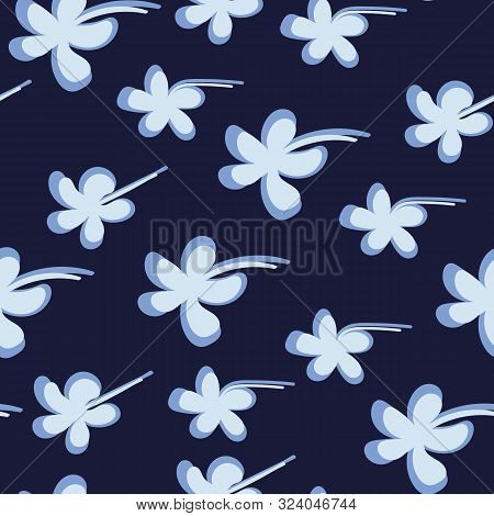 A Seamless Vector Pattern With Botanial Shapes On A Dark Navy Blue Background. Surface Print Design.