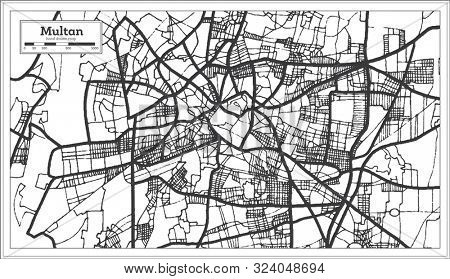 Multan Pakistan City Map in Retro Style in Black and White Color. Outline Map. 