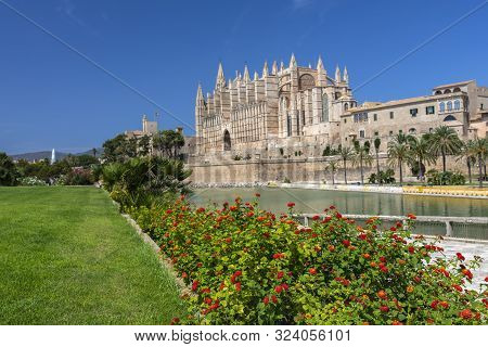 Exteror Of Cathedral La Seu Famous Ancient Tourist Attraction In Palma De Mallorca, Symbol Of City,