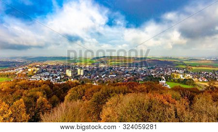 Beautiful Aerial View Of The City Of Vaals On A Wonderful And Sunny Autumn Day With A Beautiful Blue