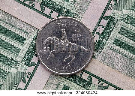 A Quarter Of Delaware On Us Dollar Bills. Symmetric Composition Of Us Dollar Bills And A Quarter Of 