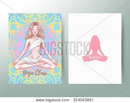 Young Meditating Yogi Woman In Lotus Pose, Yoga Classes Advertisement, Banner. Vector Illustration