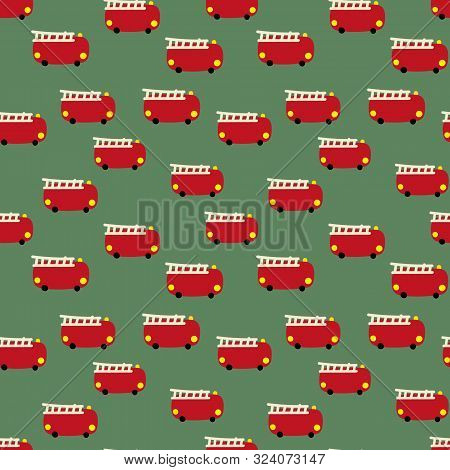 A Seamless Vector Pattern With Little Red Toy Fire Engines On A Green Background. Surface Print Desi