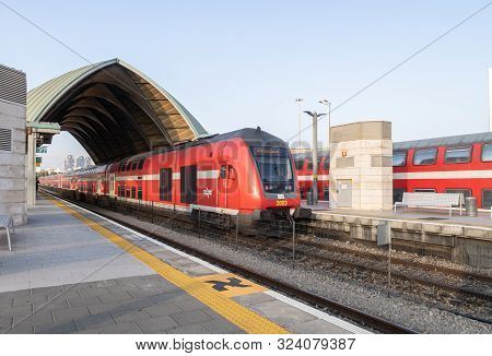 Tel Aviv-yafo, Israel, September 17, 2019 : A Train Arrives At Tel Aviv University Station On The Is