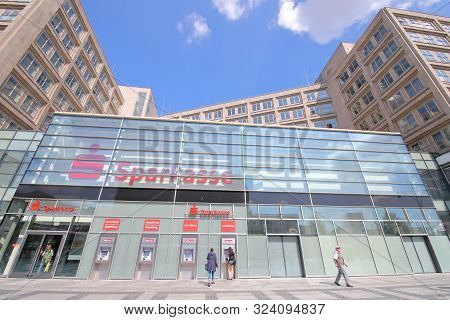 Berlin Germany - June 7, 2019: Unidentified People Visit Sparkasse Bank Germany