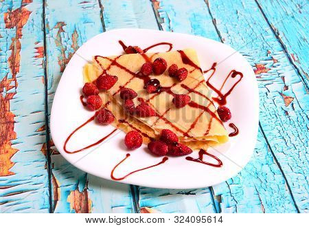 Pancakes With Fresh Blackberries And Raspeberries, Top View, Horizontal