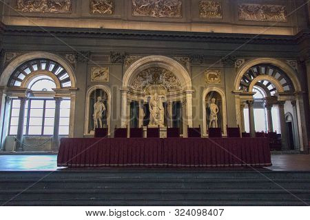 Italy, Florence - May 18 2017: The View Of The Tribune Of The Audience And Balcony Inside Salone Dei
