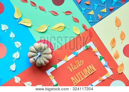 Ornate Geometric Autum Flat Lay, Paper Craft. Diagonal Arrangement With Autumn Leaves, Glags And Cir