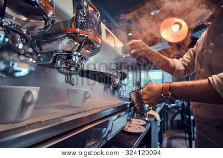 Process Of Coffee Making Using Coffee Machine At Restaurant By Talanted Barista.