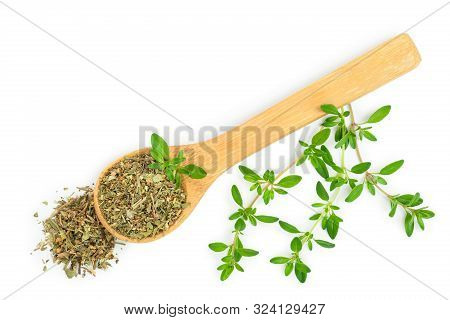 Dried Thyme Leaves In The Wooden Spoon, With Fresh Thyme Isolated On White Background. Top View