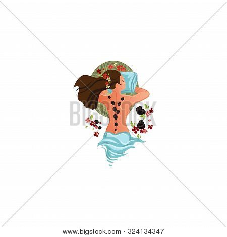 Young Woman Having A Stone Massage In Spa Salon Vector Illustration In Flat Cartoon Style