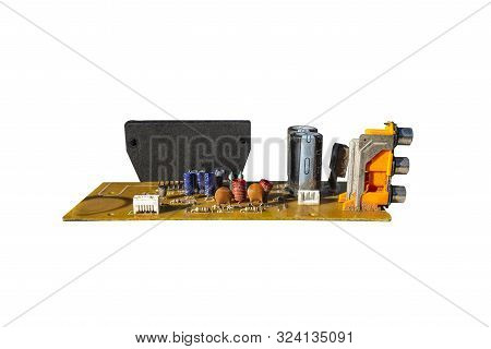 Electric Board With Visible Capacitors, Resistors And Audio-video Connectors, Isolated On A White Ba