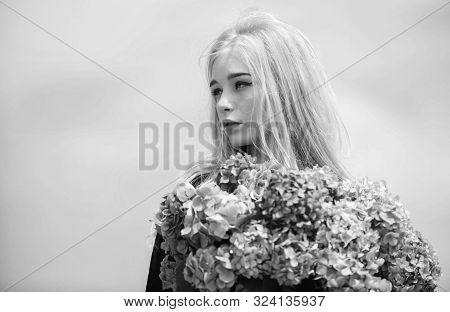 Pollen Allergy. Gentle Flower For Delicate Woman. Girl Tender Blonde Hold Hydrangea Flowers Bouquet.