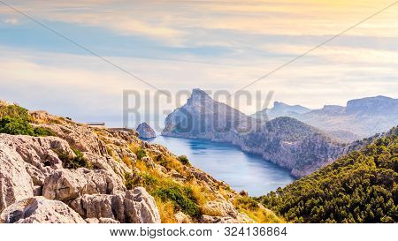 View From The Mirador Es Colomer Towards The Island Colomer And The Mountain Range On Formentor Peni