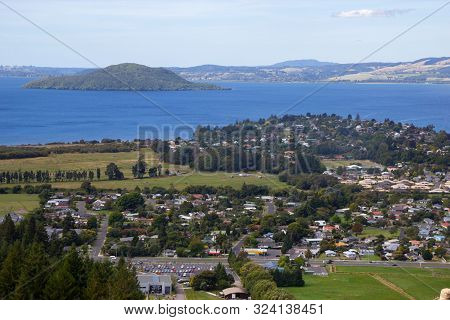 Aerial View Of Rotorua Lake And Town