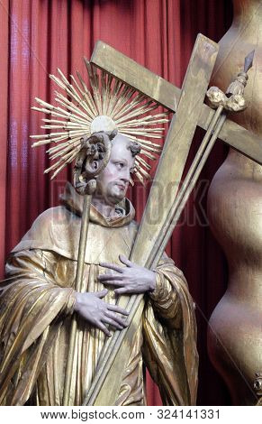 BRONNBACH, GERMANY - JULY 07, 2018: Saint Bernard of Clairvaux, statue on the main altar in Cistercian Abbey of Bronnbach in Reicholzheim near Wertheim, Germany