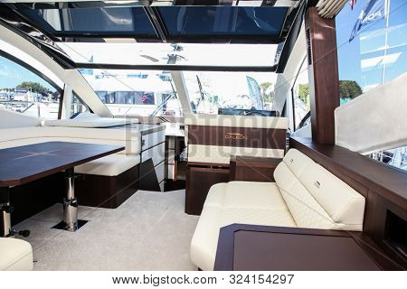 NORWALK, CT, USA - SEPTEMBER 19, 2019: New 2020 Galeon 560 SKY  shoving on Progressive Norwalk Boat Show Day 1 From September 19-22, 2019.