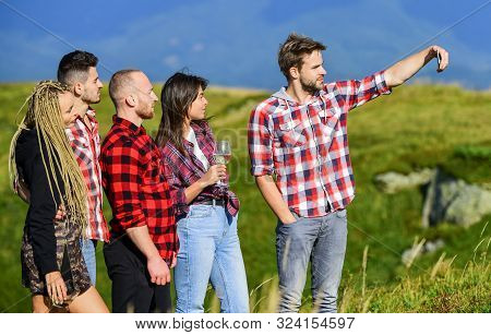 Capturing Memories. Men And Women Posing For Family Photo. Send Selfie Social Networks. Selfie Time 