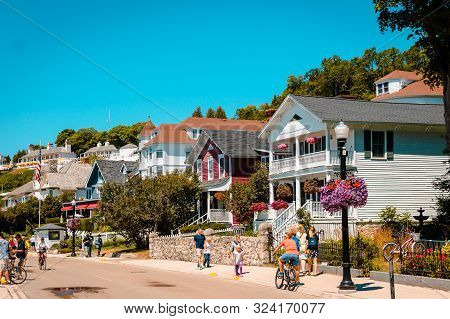 Mackinac Island Mi /usa - July 9th 2016: Some Of Houes Near Downtown Mackinac Island