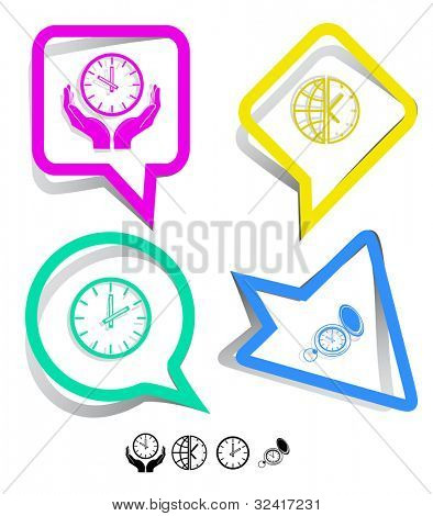 Affaires jeu d'icônes. Horloge, globe et horloge, horloge dans les mains, regardez. Autocollants papier. Vecteur illustratio