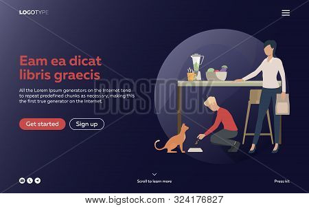 Boy And Woman Feeding Cat In Kitchen. Working Mother, Childcare, Animal. Efficiency Concept. Vector 