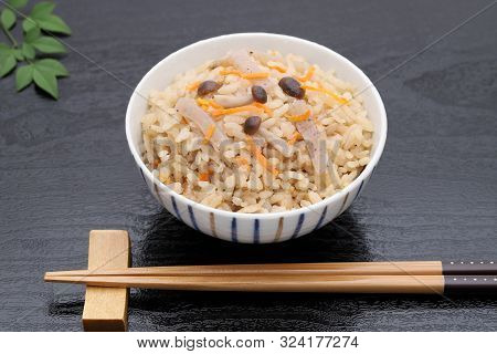 Japanese Food, Takikomi Gohan Boiled Rice On White Background