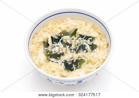Japanese Foof, Kakitama Egg Soup In A Bowl On White Background　