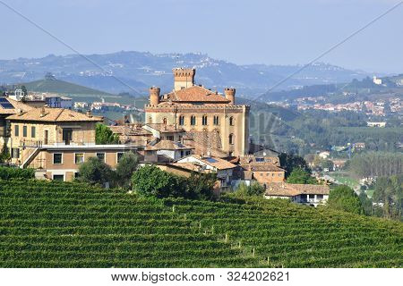 Panorma Of Catle Of Barolo With Vineyard