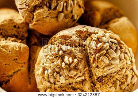 Close Up Of Tasty Sunflower Bread Rolls From Denmark