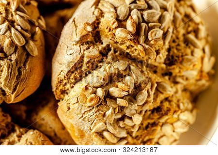 Close Up Of Tasty Sunflower Bread Rolls From Denmark