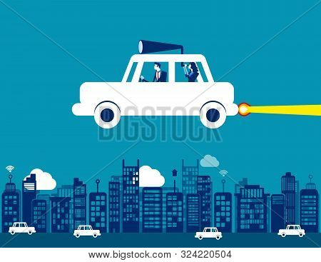 Business Team And Flying Car, Concept Business Searching Vector Illustration, City, Transportation,