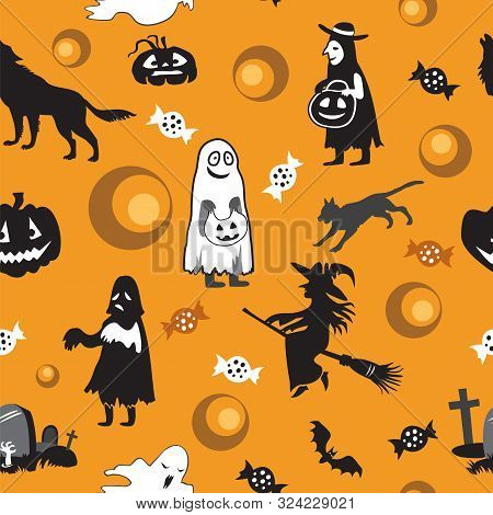 Vector Seamless Pattern With Different Halloween Icons (bat, Witch, Ghost, Grave, Black Cat, Wolf, C