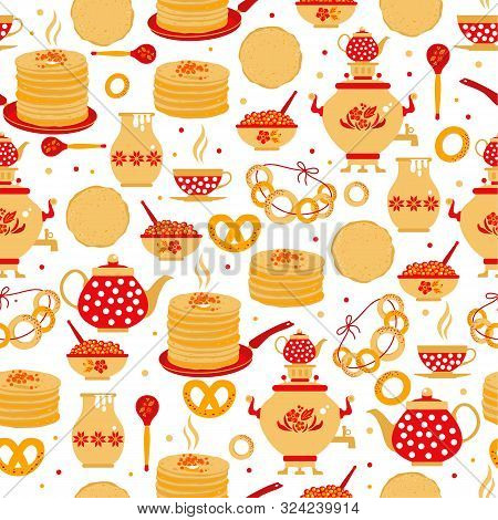 Shrovetide Or Maslenitsa. Russian Inscription Maslenitsa Wide Wide Maslenitsa Seamless Pattern. Grea